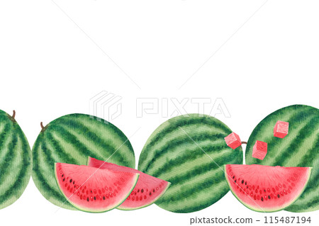 Watermelon whole, juicy slices and cubes seamless border. Watercolor isolated on white background, hand drawn for food design. Packages, juice, smoothie, menu, organic food, ice cream label, drinks 115487194