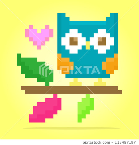8 bit pixels owl on tree. Animals for game assets and cross stitch patterns in vector illustrations. 115487197