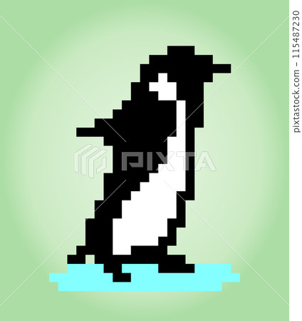 8 bit pixels penguin. Animals for game assets and cross stitch patterns in vector illustrations. 115487230