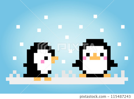 8 bit pixels penguin. Animals for game assets and cross stitch patterns in vector illustrations. 115487243