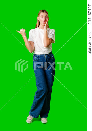 Young Woman in White T-shirt Making a Surprised Face Young Woman in White T-shirt Making a Surprised Face 115487407