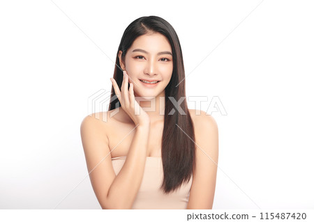 Beautiful young asian woman with clean fresh skin on white background, Face care, Facial treatment, Cosmetology, beauty and spa, Asian women portrait. 115487420