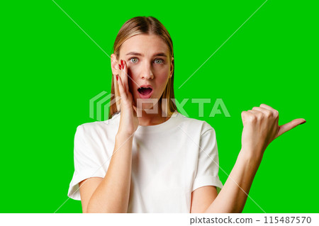 Young Woman in White T-shirt Making a Surprised Face Young Woman in White T-shirt Making a Surprised Face 115487570