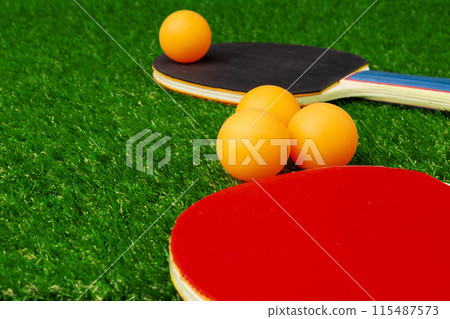 Ping pong rackets and ball on grass 115487573