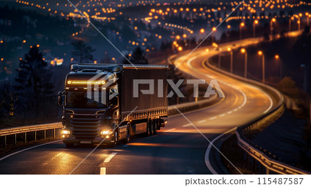 truck on curved highway in the night with blur city light view background 115487587