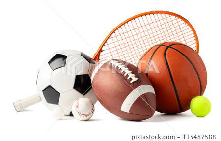 Assorted sports equipment isolated on white background 115487588
