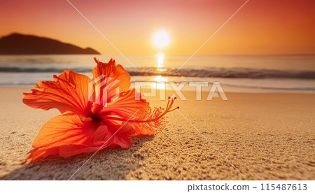 美麗的夏日日落海灘和芙蓉花（AI生成素材） 115487613