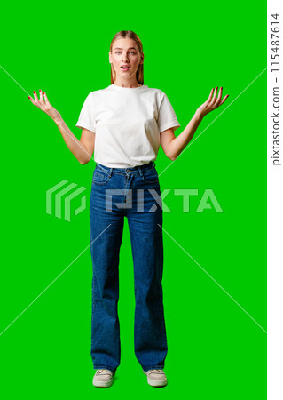 Young Woman in White T-shirt Making a Surprised Face 115487614