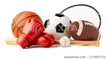 Assorted sports equipment isolated on white background Assorted sports equipment isolated on white background 115487732