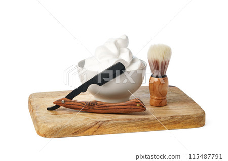Vintage shaving razor and tools isolated on white 115487791
