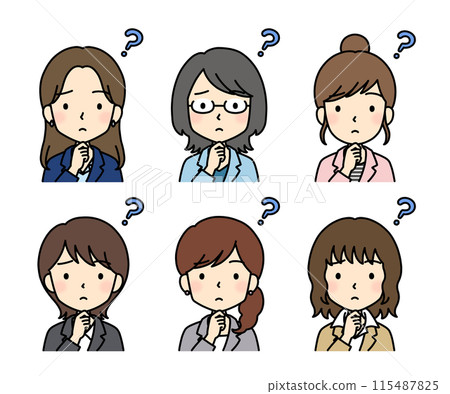 Simple and cute business person illustration (female, upper body, question mark) Simple and cute business person illustration (female, upper body, question mark) 115487825