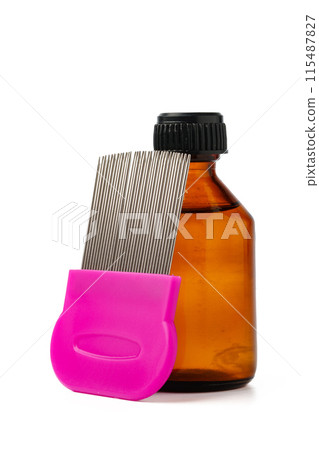 Cosmetic products and lice comb isolated on white background Cosmetic products and lice comb isolated on white background 115487827