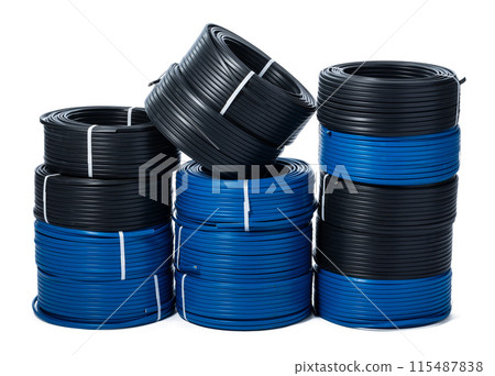 Coils of black and blue cable isolated on white background 115487838