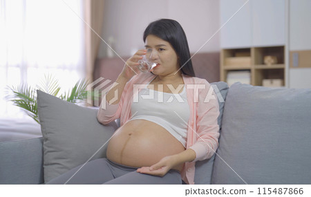 A portrait of happy Asian pregnant woman with medicine pills in bedroom at home. Having a baby. Family people lifestyle. Mom love. A portrait of happy Asian pregnant woman with medicine pills in bedroom at home. Having a baby. Family people lifestyle. Mom love. 115487866