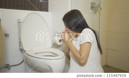 A portrait of happy Asian pregnant woman in toilet, bathroom or restroom. Having a baby. Family people lifestyle. Mom love. A portrait of happy Asian pregnant woman in toilet, bathroom or restroom. Having a baby. Family people lifestyle. Mom love. 115487939
