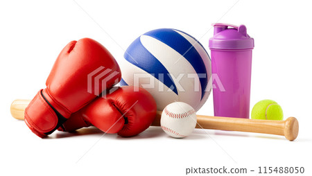 Assorted sports equipment isolated on white background 115488050