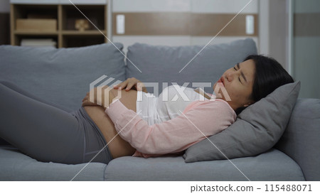 Depressed lonely Asian pregnant divorce woman in bedroom at home. Having a baby. Family people lifestyle. Mom. Depressed lonely Asian pregnant divorce woman in bedroom at home. Having a baby. Family people lifestyle. Mom. 115488071