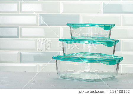 Set of plastic boxes kitchen ware on kitchen counter Set of plastic boxes kitchen ware on kitchen counter 115488192