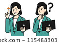 An illustration of a business woman in a suit holding a PC and making a suggestion or question pose 115488303