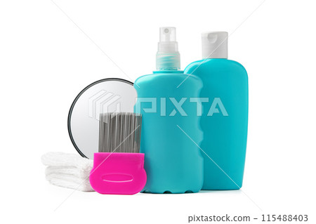 Cosmetic products, lice comb and magnifying glass isolated on white 115488403