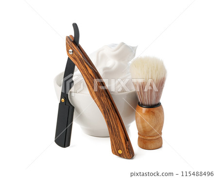 Vintage shaving razor and tools isolated on white 115488496