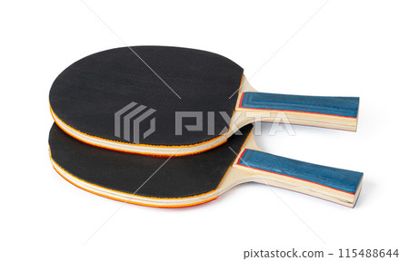 Two ping pong rackets isolated on white background Two ping pong rackets isolated on white background 115488644