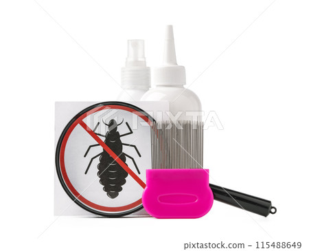 Cosmetic products and lice comb isolated on white background Cosmetic products and lice comb isolated on white background 115488649