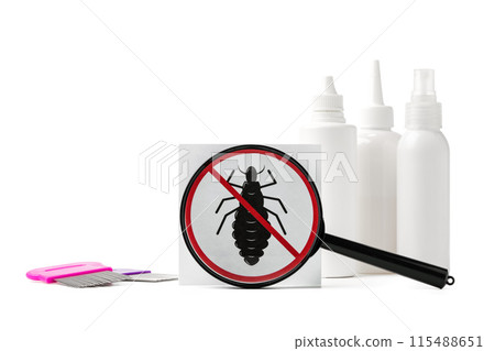 Cosmetic products, lice comb and magnifying glass isolated on white Cosmetic products, lice comb and magnifying glass isolated on white 115488651