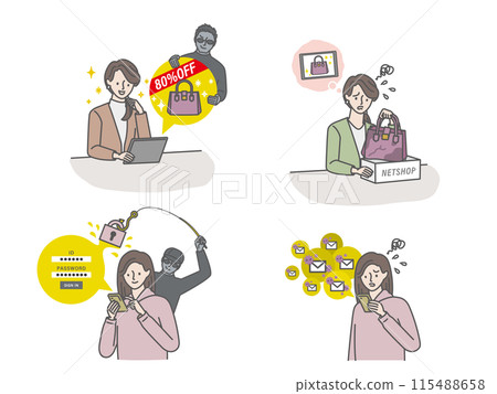 Internet trouble: Young woman victim illustration set 115488658