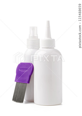 Cosmetic products and lice comb isolated on white background Cosmetic products and lice comb isolated on white background 115488659