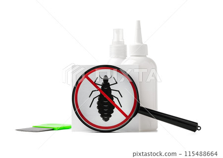 Cosmetic products, lice comb and magnifying glass isolated on white Cosmetic products, lice comb and magnifying glass isolated on white 115488664