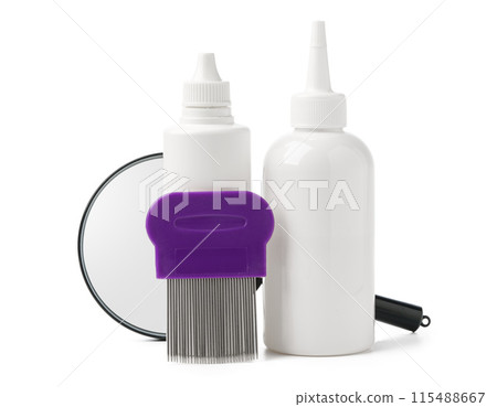 Medicine, lice comb and magnifying glass isolated on white Medicine, lice comb and magnifying glass isolated on white 115488667