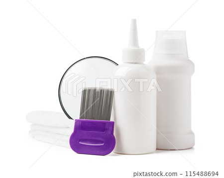 Cosmetic products, lice comb and magnifying glass isolated on white 115488694