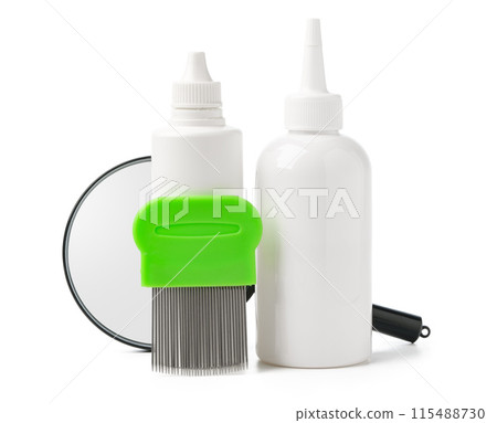 Medicine, lice comb and magnifying glass isolated on white Medicine, lice comb and magnifying glass isolated on white 115488730