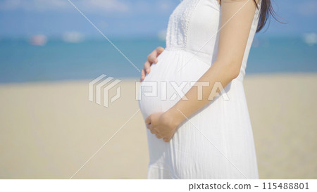 A portrait of happy Asian pregnant woman at sea shore beach. Having a baby. Family people lifestyle. Mom love. A portrait of happy Asian pregnant woman at sea shore beach. Having a baby. Family people lifestyle. Mom love. 115488801
