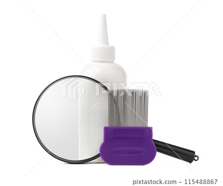 Medicine, lice comb and magnifying glass isolated on white Medicine, lice comb and magnifying glass isolated on white 115488867