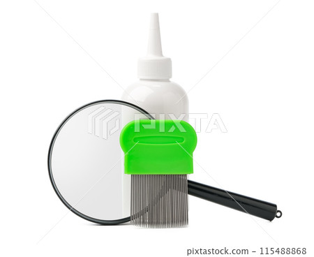 Medicine, lice comb and magnifying glass isolated on white Medicine, lice comb and magnifying glass isolated on white 115488868