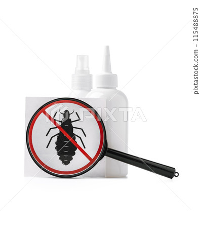 Cosmetic products, lice comb and magnifying glass isolated on white Cosmetic products, lice comb and magnifying glass isolated on white 115488875