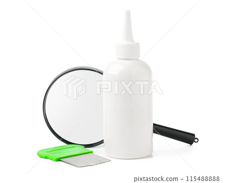 Medicine, lice comb and magnifying glass isolated on white Medicine, lice comb and magnifying glass isolated on white 115488888