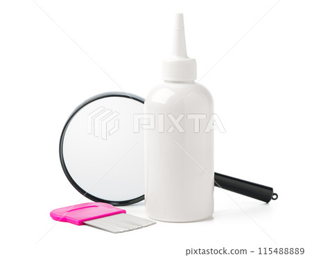 Medicine, lice comb and magnifying glass isolated on white Medicine, lice comb and magnifying glass isolated on white 115488889