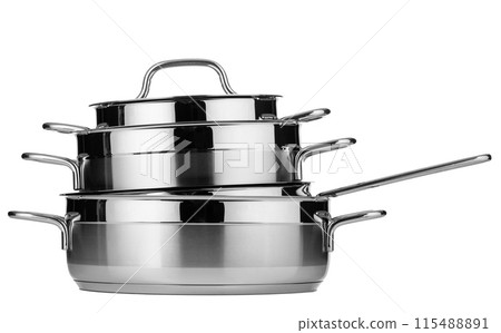 Set of stainless steel dishware isolated on white background Set of stainless steel dishware isolated on white background 115488891