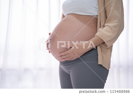 Close up of a Portrait of happy pregnant woman in bedroom at home. Having a baby. Family people lifestyle. Mom love. 115488986
