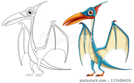 Colorful and Outlined Pterosaur Illustration 115489426