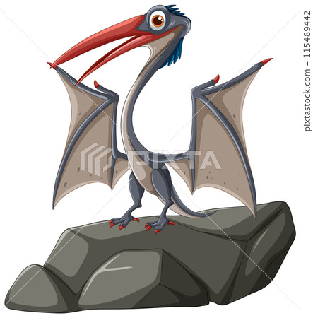 Cartoon Pterosaur on a Rock 115489442
