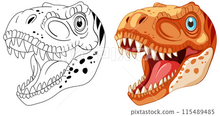 Colorful and Black-and-White Dinosaur Heads Colorful and Black-and-White Dinosaur Heads 115489485