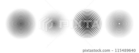 Black concentric circle set. Sonar or sound wave ring collection. Halftone and linear epicentre, target, radar icon concept. Ripple radial signal or vibration elements. Vector line and dotted symbols Black concentric circle set. Sonar or sound wave ring collection. Halftone and linear epicentre, target, radar icon concept. Ripple radial signal or vibration elements. Vector line and dotted symbols 115489640