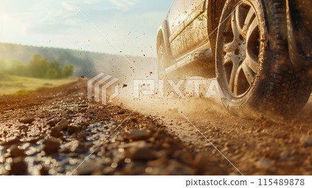 car driving on dusty road 115489878