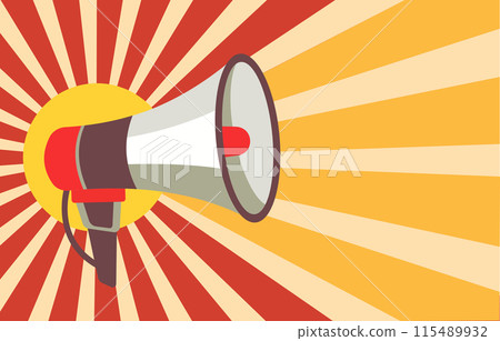 Flat Design Illustration of Megaphone Horn Speaker for Attention Announcement with Sunburst Lines Background Flat Design Illustration of Megaphone Horn Speaker for Attention Announcement with Sunburst Lines Background 115489932