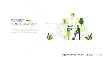 Charactors planting tree, Forest, Reforestation. Sustainable concept of Green ecology and Environment background. Flat Vector Illustration. 115490178