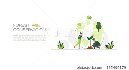 Charactors planting tree, Forest, Reforestation. Sustainable concept of Green ecology and Environment background. Flat Vector Illustration. 115490179